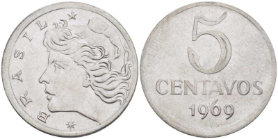 Бразилия 5 сентаво 1969  голова свободы влево KM 577.2, Schon 82a нержавеющая сталь 58-551
