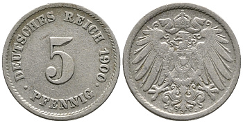 ГЕРМАНИЯ 5 ПФЕННИГОВ 1900 J KM 11, J. 12 медно-никель 39-744