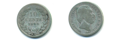 НИДЕРЛАНДЫ 10 ЦЕНТОВ 1890 KM 80 серебро 84-924