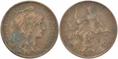 ФРАНЦИЯ 5 САНТИМОВ 1910 ТИП ДАНИЭЛЬ ДЮПЮИ KM 842, LE FRANC 119.22 бронза 108-925