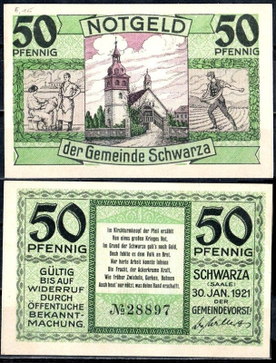 Шварца-ан-дер-Заале (Тюрингия) 50 пфеннигов 1921 Mehl Grabowski 1207-2/3 бумага UNC (пресс) 7556-60-2-1