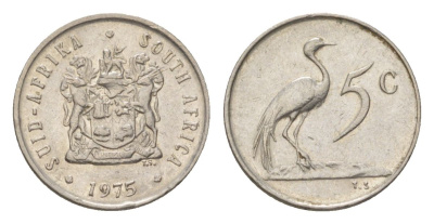 ЮАР 5 центов 1975 герб, райский журавль KM 84 никель 4627-212
