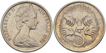 АВСТРАЛИЯ 5 ЦЕНТОВ 1982 ЕЛИЗАВЕТА II, МОЛОДОЙ ПОРТРЕТ, ЕХИДНА KM 64 медно-никель 100-1236