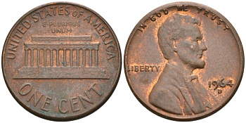 США 1 цент 1964 D, Линкольн KM 201 медь цинк 4564-436