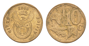 ЮАР 10 центов 2003 герб, цветок алоэ KM 347 сталь плакированная бронзой 4621-1044