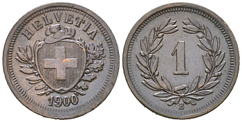Швейцария 1 раппен 1900 B KM 3 бронза aUNC 4549-448