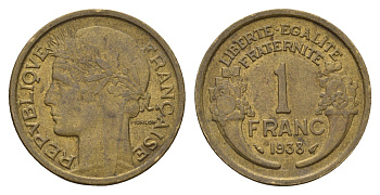 Франция 1 франк 1938 KM 885, Le Franc 219.2 алюминиевая бронза 4121-255