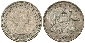 Австралия 6 пенсов 1958 m, Елизавета II (1952-2022) KM 58 серебро 4615-1019