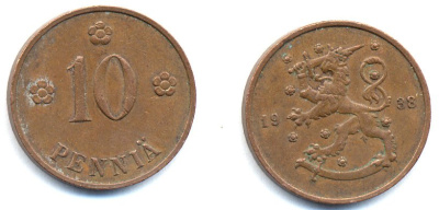 Финляндия 10 пенни 1938 KM 24 медь 51-5655