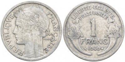 ФРАНЦИЯ 1 ФРАНК 1949 ТИП MORLON, LEGERE KM 885a 1, LE FRANC 221.15 алюминий 4402-1031