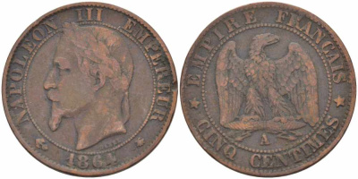 ФРАНЦИЯ 5 САНТИМОВ 1864 A, НАПОЛЕОН III (1852-1870) KM 777.1, LE FRANC 116.8 бронза 108-255
