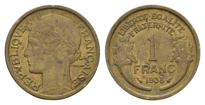 Франция 1 франк 1938 KM 885, Le Franc 219.2 алюминиевая бронза 4121-255