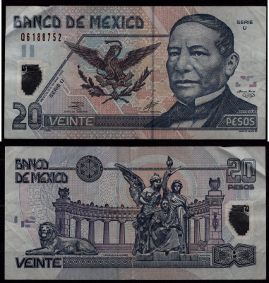 Мексика 20 песо 2002 Бенито Хуарес, хемицикл а Хуареса в Мехико Pick 116 c полимер 8604-1-2-1