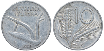 Италия 10 лир 1953 R, плуг, колосья KM 93 алюминий 4543-412