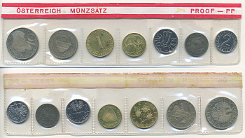 Австрия набор из 7 монет  1979  2, 5, 10, 50 грошей, 1, 5, 10 шиллингов, в целлофане KM PS 39 PROOF 4400-1-2