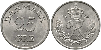 Дания 25 эре 1954 N; S, Фредерик IX (1947-1972) KM 842.1 медно-никель 175-716