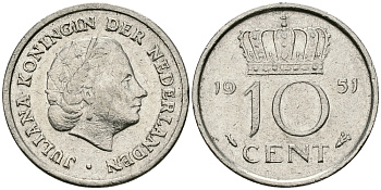 Нидерланды 10 центов 1951 Юлиана (1949-1980) KM 182 никель 96-363