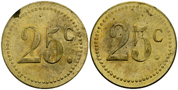 Франция 25†сантимов XIX-XX век ресторанный жетон латунь 4166-1127