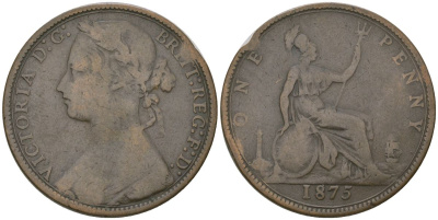Великобритания 1 пенни 1875 Виктория (1837-1901) KM 755, Spink 3954 бронза 4590-845