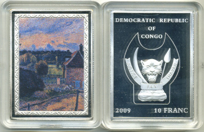 Конго 10 франков 2009 серия шедевры мировой живописи, КАМИЛЬ ПИССАРРО, FOLLY HOUSE IN ERAGNY 1885, серебрение, размер 35Х46 мм., цветная эмаль медно-никель PROOF M43-13