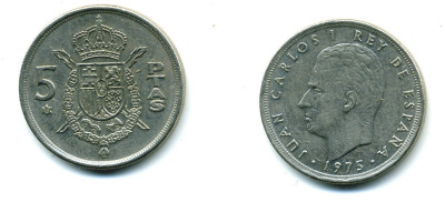 Испания 5 песет 1975 (78) Хуан Карлос I (1975-2014) KM 807 медно-никель 25-2034