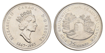 Канада 25 центов 1992 125 лет Конфедерации Канада - Новый Бронсвик KM 203 никель UNC 113-457