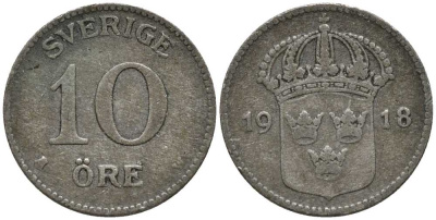 Швеция 10 эре 1918 W, Густав V (1907-1950) КМ 780 серебро 201-1113