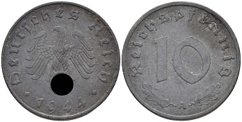ГЕРМАНИЯ 10 РЕЙХСПФЕННИГОВ 1944 A KM 101, J. 371 цинк 4401-525