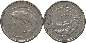 Мальта 10 центов 1986 золотая макрель KM 76 медно-никель 181-157