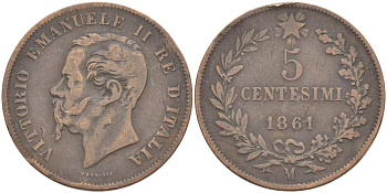 ИТАЛИЯ 5 ЧЕНТЕЗИМО 1861 М, МОНДВОР МИЛАН, ВИКТОР ЭММАНУИЛ II (1861-1878) KM 3.2 медь 4182-1247