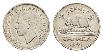 Канада 5 центов 1941 бобр, Георг VI (1936-1952) KM 33 никель 4639-423