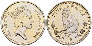 Гибралтар 5 пенсов 1989 АВ обезьяна KM 22 медно-никель UNC 87-547