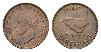 Великобритания 1 фартинг 1948 Георг VI (1936-1952) KM 843, Spink 4116 бронза 4674-814