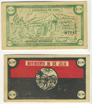 Куба, революционный выпуск 1 песо 1958 нотгельд, движение 28 июля, Кубинская Революция, EDICION EXTERIOR бумага аUNC 00-00-00