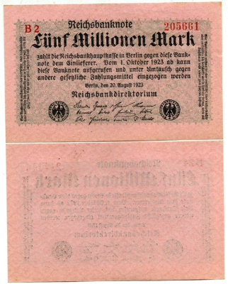 Германия 5000000 марок (5 миллионов) 1923 20 августа 1923, Pick 105, Розенберг 104 b бумага UNC (пресс) 450-36-1-2