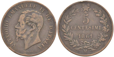 ИТАЛИЯ 5 ЧЕНТЕЗИМО 1861 М, МОНДВОР МИЛАН, ВИКТОР ЭММАНУИЛ II (1861-1878) KM 3.2 медь 4182-1247