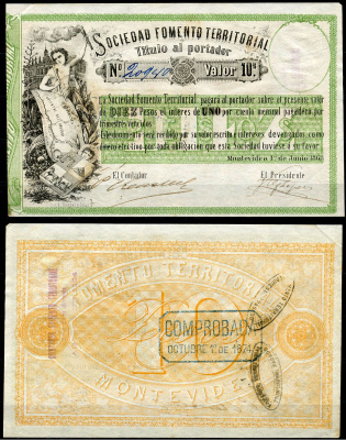 Уругвай, Монтевидео 10 песо 1868 мальчик, карта, № 20923 Pick S481  бумага 451-16-2