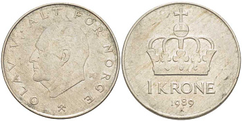 НОРВЕГИЯ 1 КРОНА 1989 УЛАФ V (1957-1991) KM 419 медно-никель 213-716