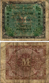 ГЕРМАНИЯ 1/2 МАРКИ 1944 9 ЦИФР В НОМЕРЕ, ОККУПАЦИЯ ГЕРМАНИИ, ВТОРАЯ МИРОВАЯ ВОЙНА Pick 191а бумага 7219-14-1-1