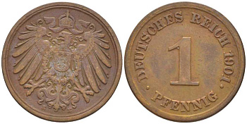 ГЕРМАНИЯ 1 ПФЕННИГ 1901 E KM 10, J. 10, Weege 2 медь 211-259