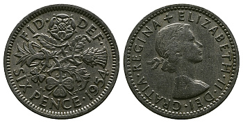 Великобритания 6 пенсов 1954 Елизавета II (1952-2022) KM 903, Spink 4149 медно-никель 4381-641