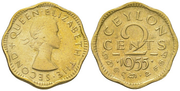Цейлон 2 цента 1955 Елизавета II (1952-2022) KM 124 латунь 4114-323