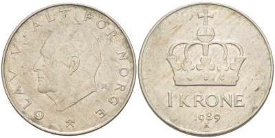 НОРВЕГИЯ 1 КРОНА 1989 УЛАФ V (1957-1991) KM 419 медно-никель 213-716