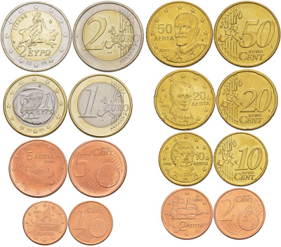 Греция евронабор из 8 монет 2005 (1, 2, 5, 10, 20, 50 евроцентов, 1, 2 евро) KM 181, 182, 183, 211, 185, 186, 214, 188 UNC N6-44