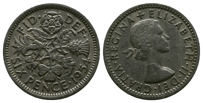 Великобритания 6 пенсов 1954 Елизавета II (1952-2022) KM 903, Spink 4149 медно-никель 4381-641