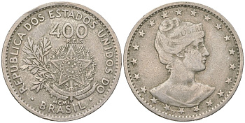 Бразилия 400 реалов 1901 MCMI, голова свободы вправо KM 505 медно-никель 4612-417