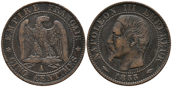 ФРАНЦИЯ 5 САНТИМОВ 1855 А, НАПОЛЕОН III (1852-1870) KM 777.1, LA FRANC 116.16 бронза 34-1155