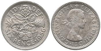 Великобритания 6 пенсов 1956 Елизавета II (1952-2022) KM 903, Spink 4149 медно-никель 100-1069