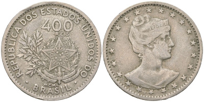Бразилия 400 реалов 1901 MCMI, голова свободы вправо KM 505 медно-никель 4612-417