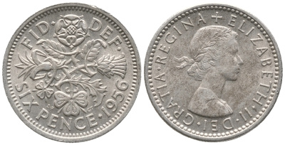 Великобритания 6 пенсов 1956 Елизавета II (1952-2022) KM 903, Spink 4149 медно-никель 100-1069